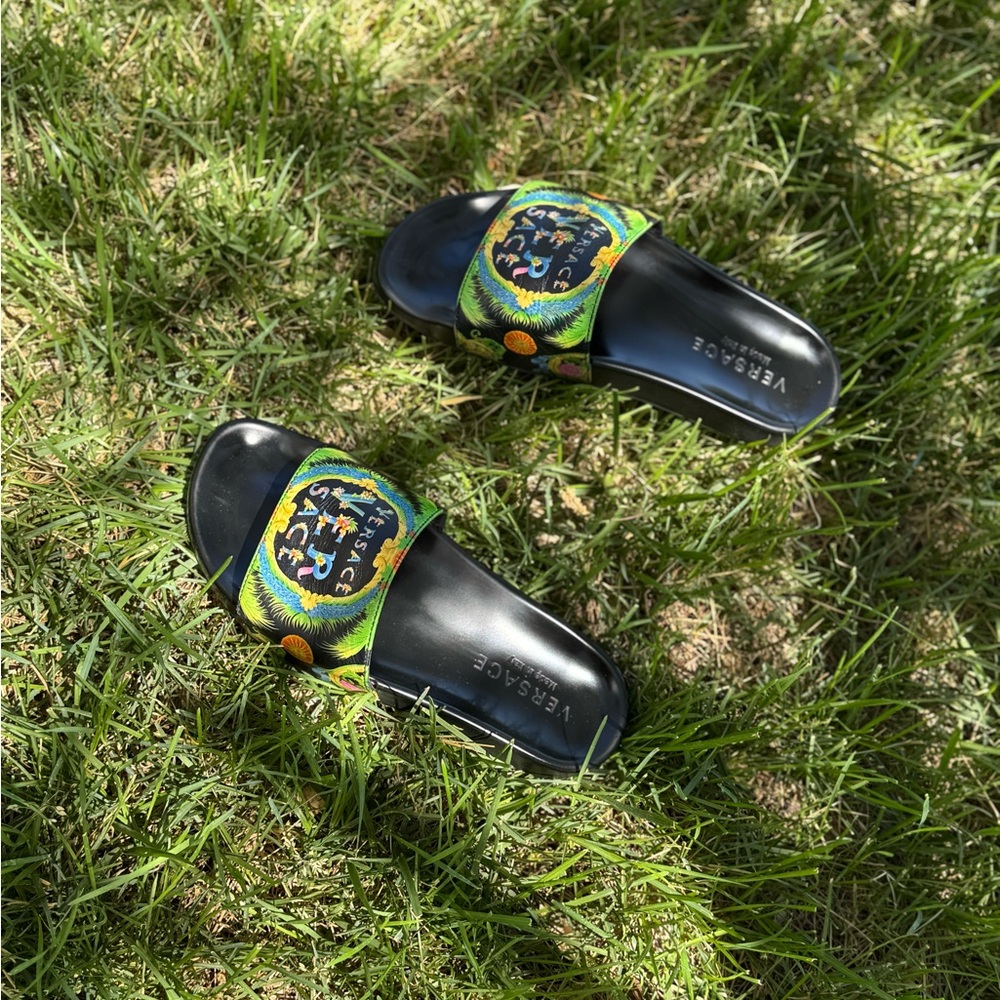 Versace Black and Vibrant Green Slides